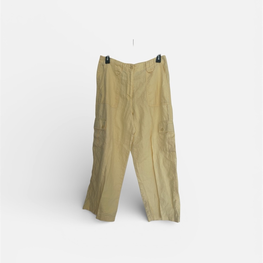 Real Comfort by Chadwicks Women's Yellow 100% Linen Cargo Capris Wide Leg Sz 10